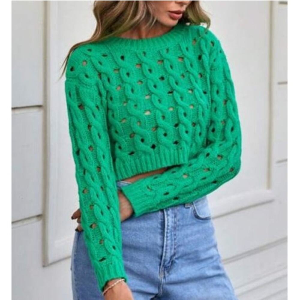 &merci Kelly Green Cropped Cable Knit Sweater Women's Medium Twee Open Stitch